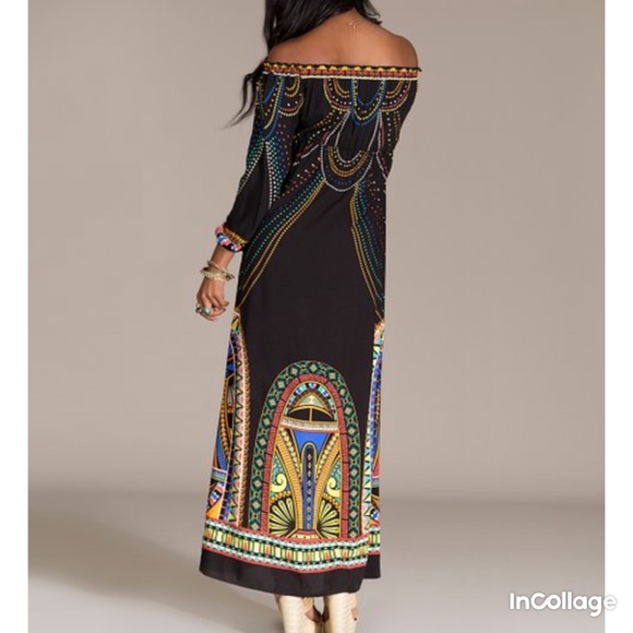 BoHo Off shoulder Maxi long dress small printed hippie bohemian black tomato - Picture 7 of 8